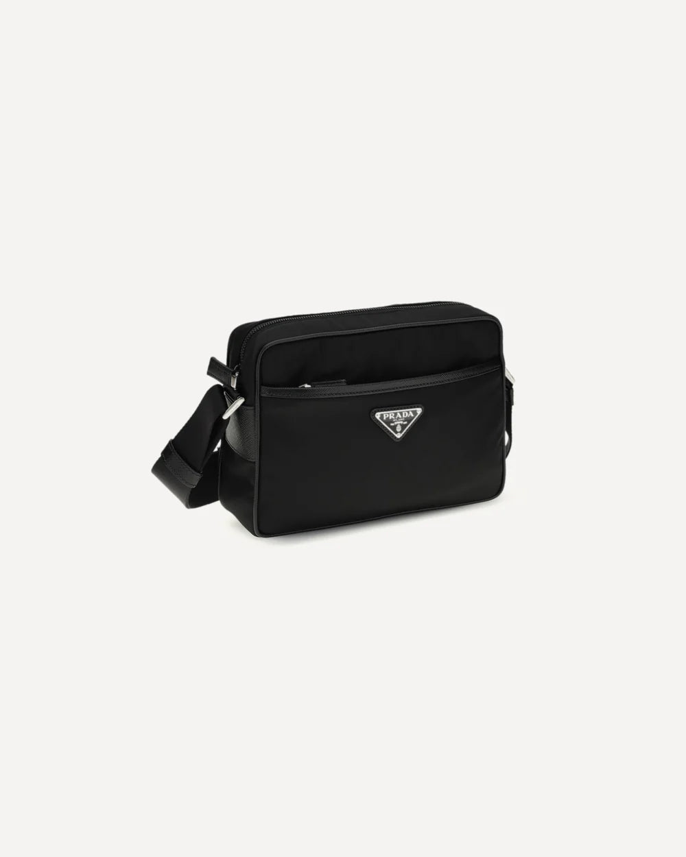 Borsa Messenger Nera in Nylon Placchetta Metallica Prada