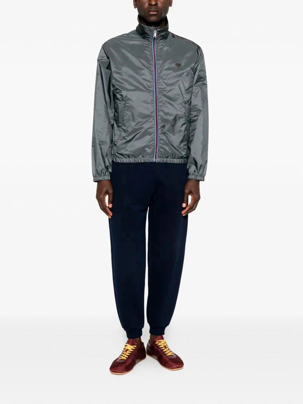 Giubbino Grigio Acciaio in Nylon Placchetta Logo Prada