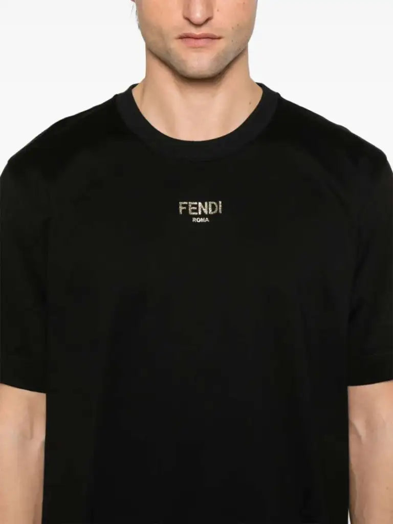 T-Shirt Nera Con Logo Glitter Oro Fendi