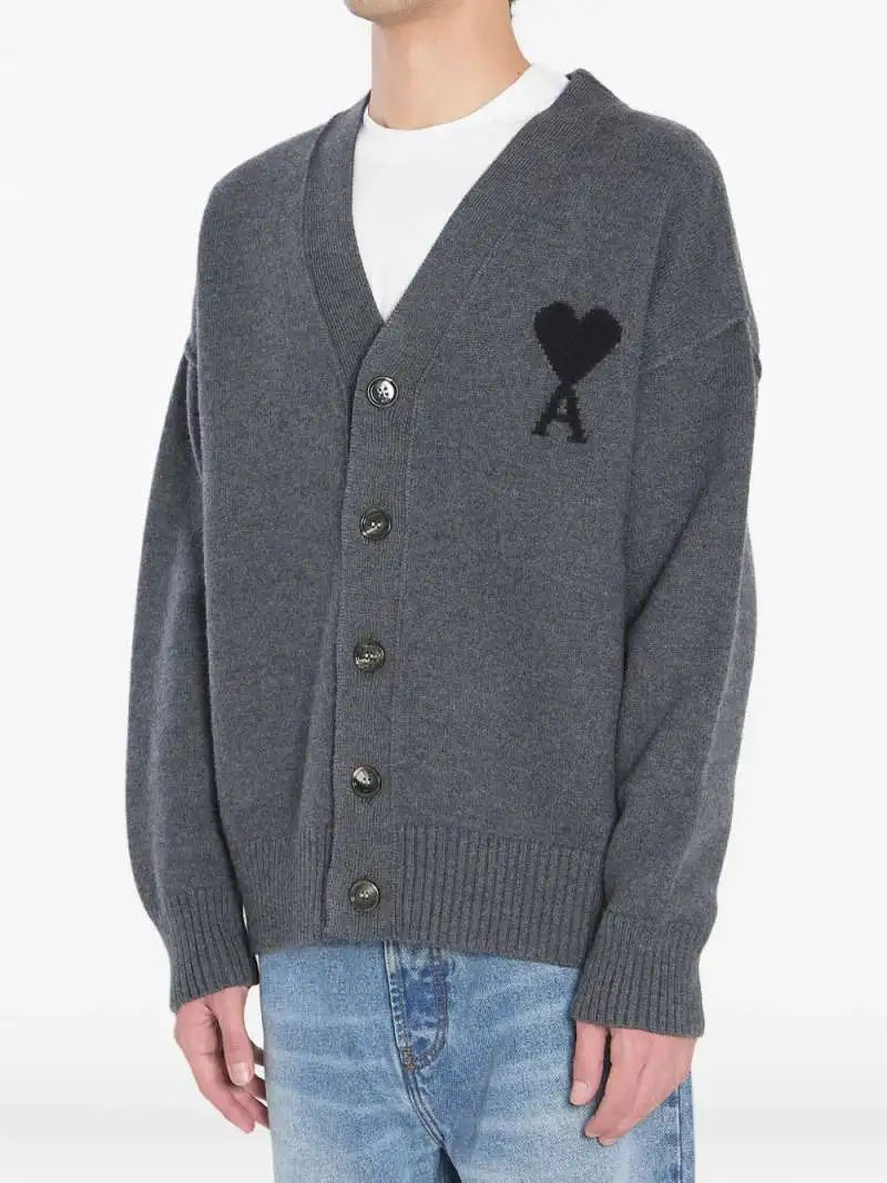 Cardigan Grigio Cuore Grande Nero Ami Paris