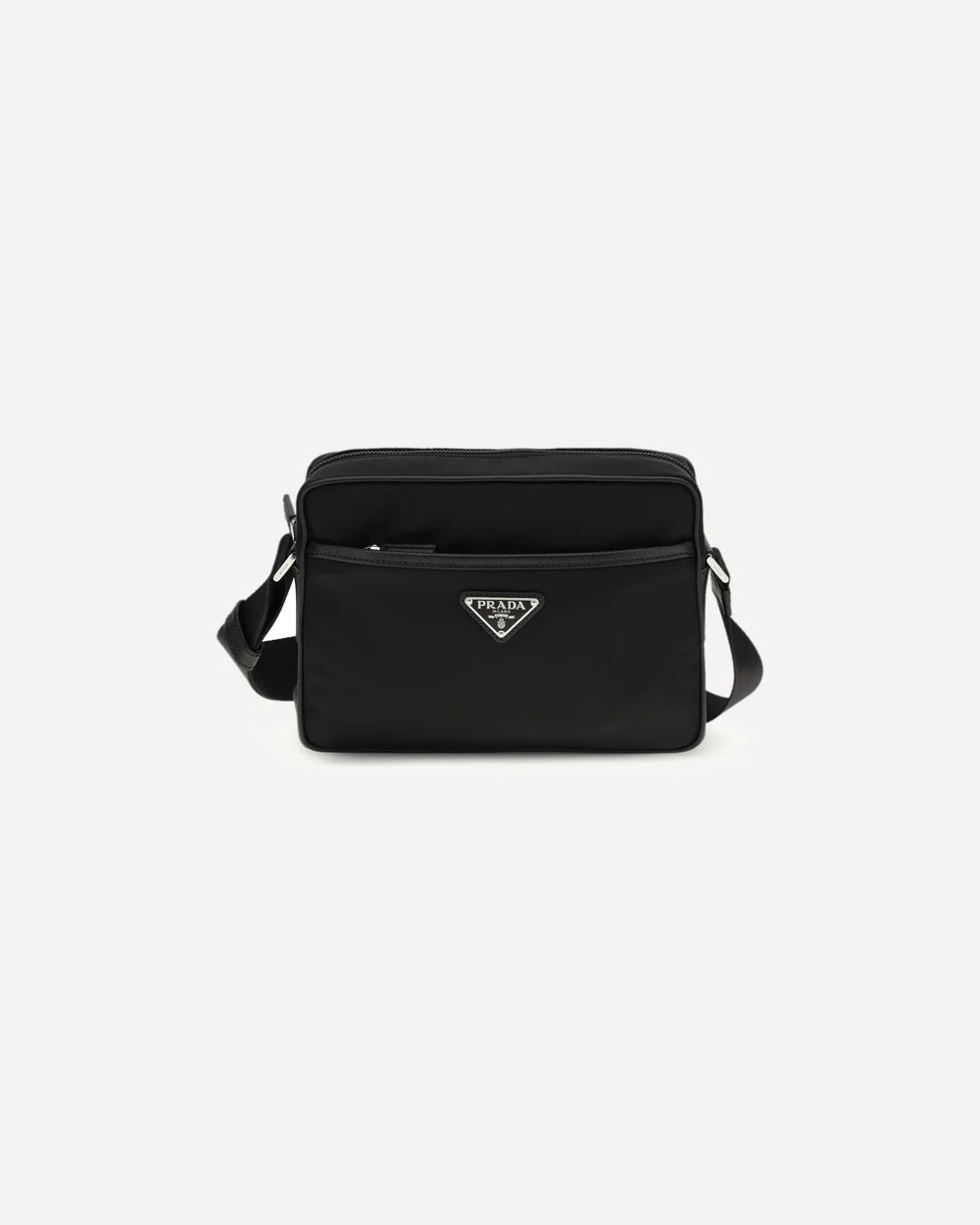 Borsa Messenger Nera in Nylon Placchetta Metallica Prada