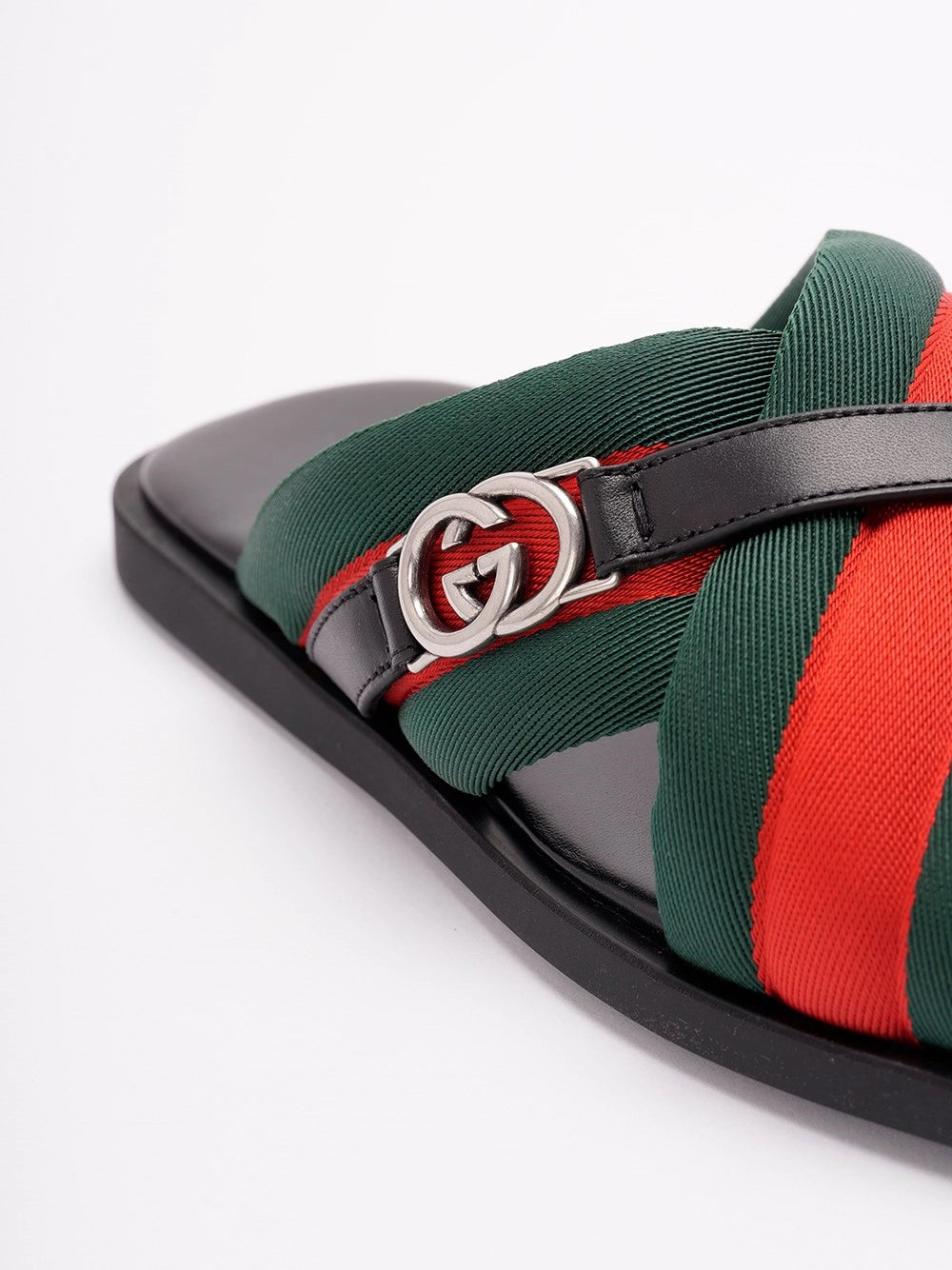 Sandali Neri in Pelle Fascia Multicolor e Logo Gucci