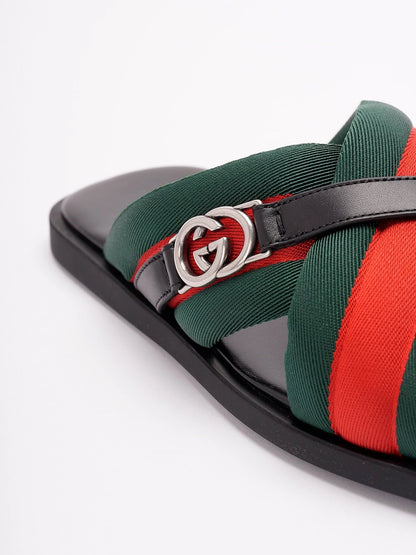 Sandali Neri in Pelle Fascia Multicolor e Logo Gucci