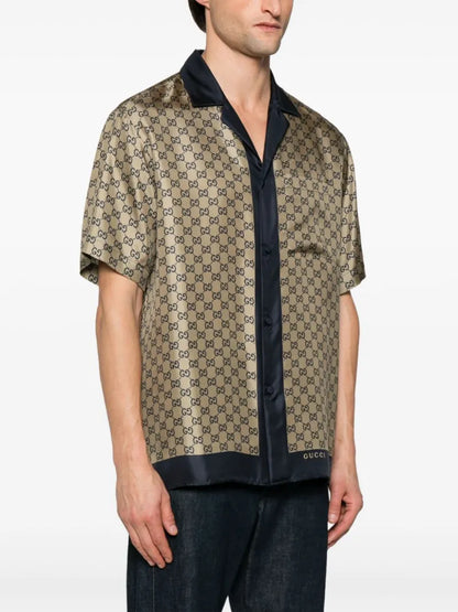 Camicia Beige e Blu con Logo Gucci