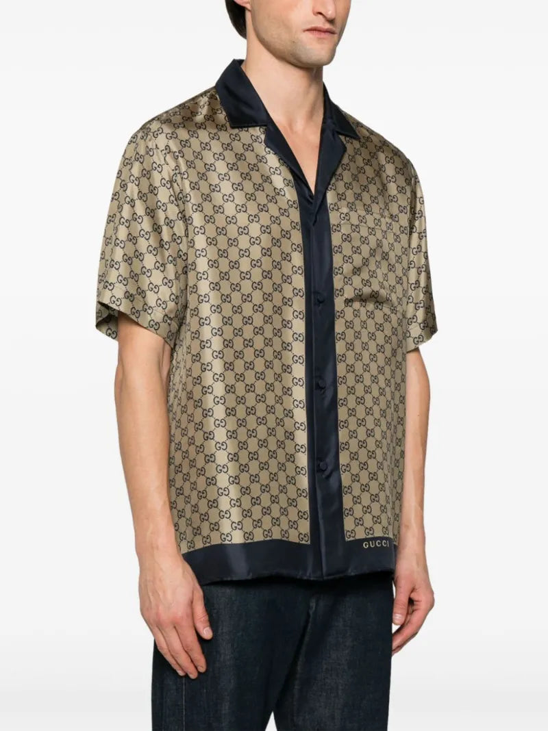 Camicia Beige e Blu con Logo Gucci