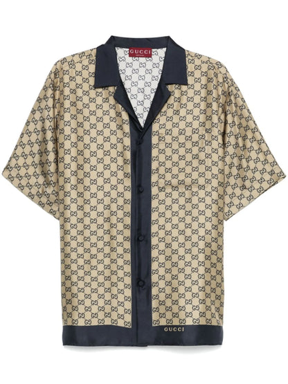 Camicia Beige e Blu con Logo Gucci