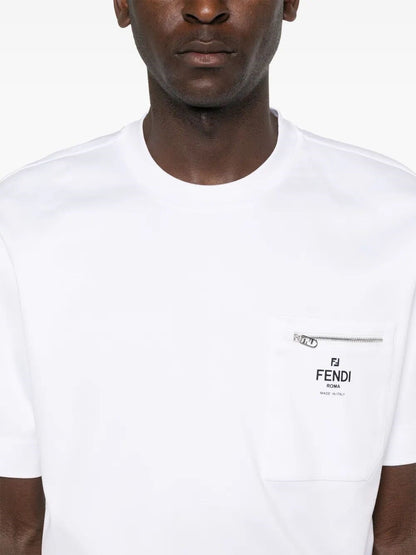 T-Shirt Bianca con Zip e Taschino Logo Fendi
