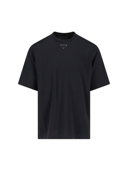 T-Shirt  Nera Girocollo Placchetta Prada