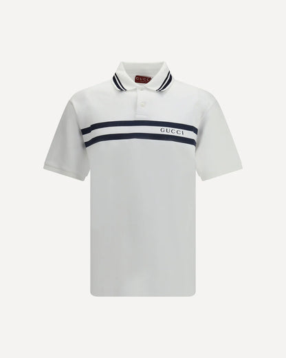 Polo Bianca Strisce e Scritta Logo Gucci