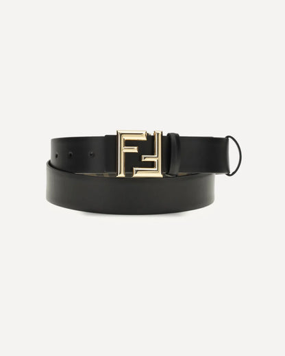 Cintura Marrone Reversibile in Pelle Logo FF Fibbia Oro Fendi