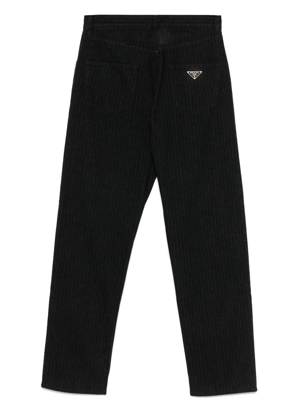 Jeans Nero 5 Tasche Righe e Placchetta Prada