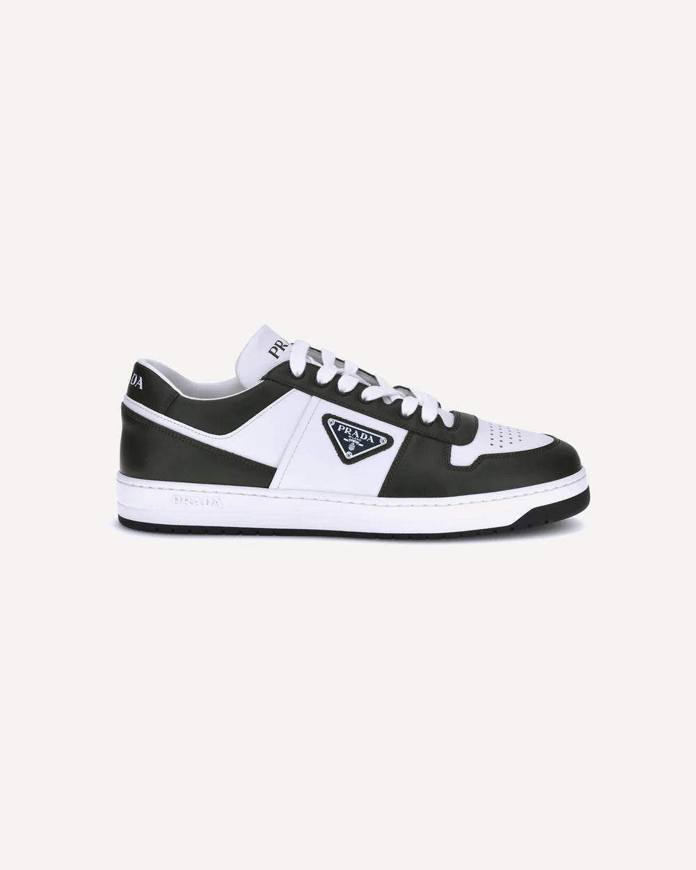 Sneakers Downtown Bianca e Militare con Placchetta Metallica Prada