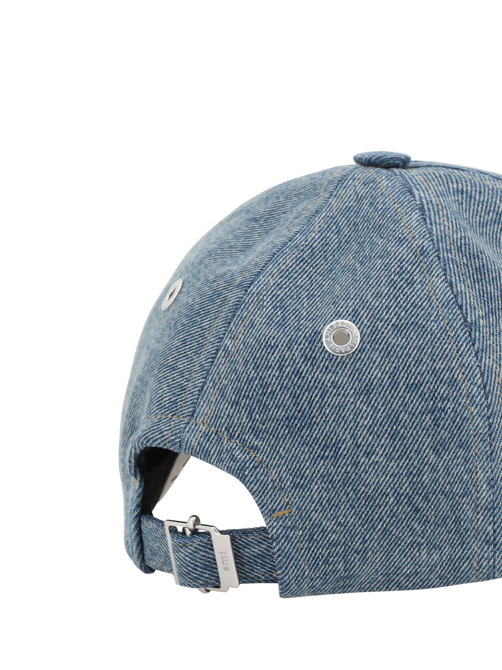 Cappello con Visiera in Denim e Logo Ami Paris