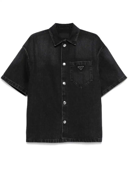 Camicia in Denim Nero con Placchetta Prada