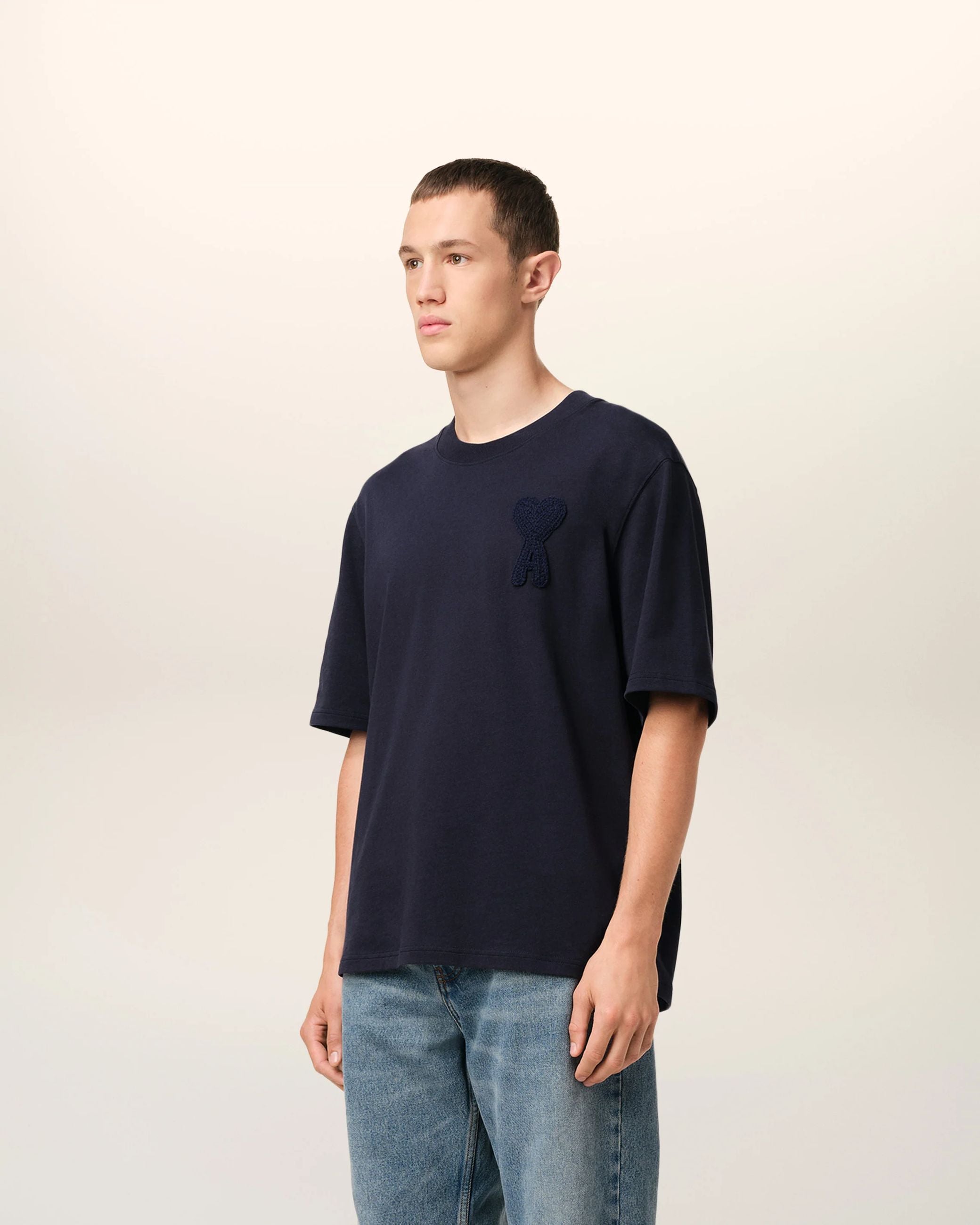 T-Shirt Blu Cuore Ricamo Ami Paris