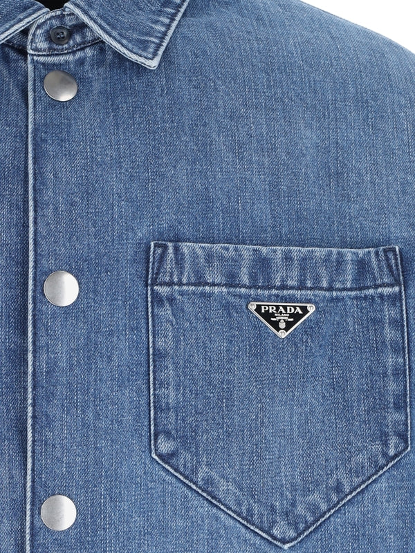 Camicia Imbottita in Denim Logo Placchetta Prada