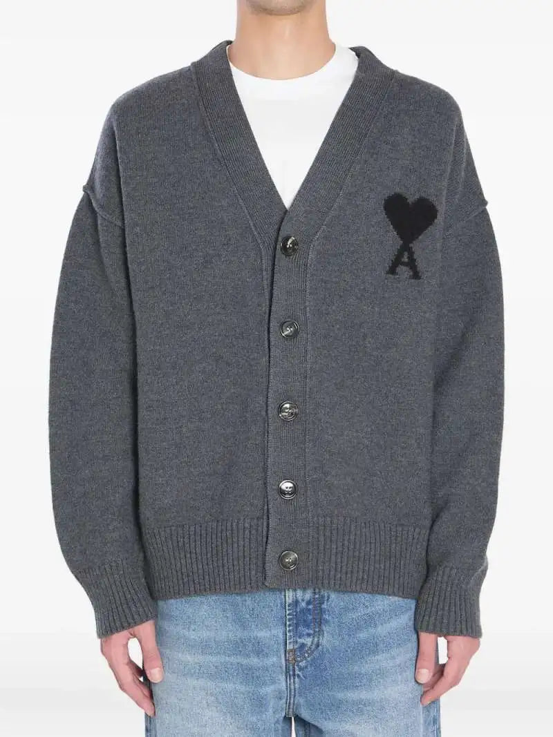Cardigan Grigio Cuore Grande Nero Ami Paris