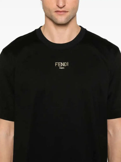 T-Shirt Nera Con Logo Glitter Oro Fendi
