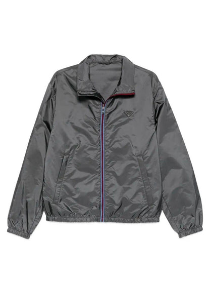 Giubbino Grigio Acciaio in Nylon Placchetta Logo Prada