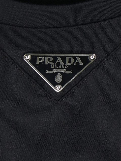 T-Shirt  Nera Girocollo Placchetta Prada