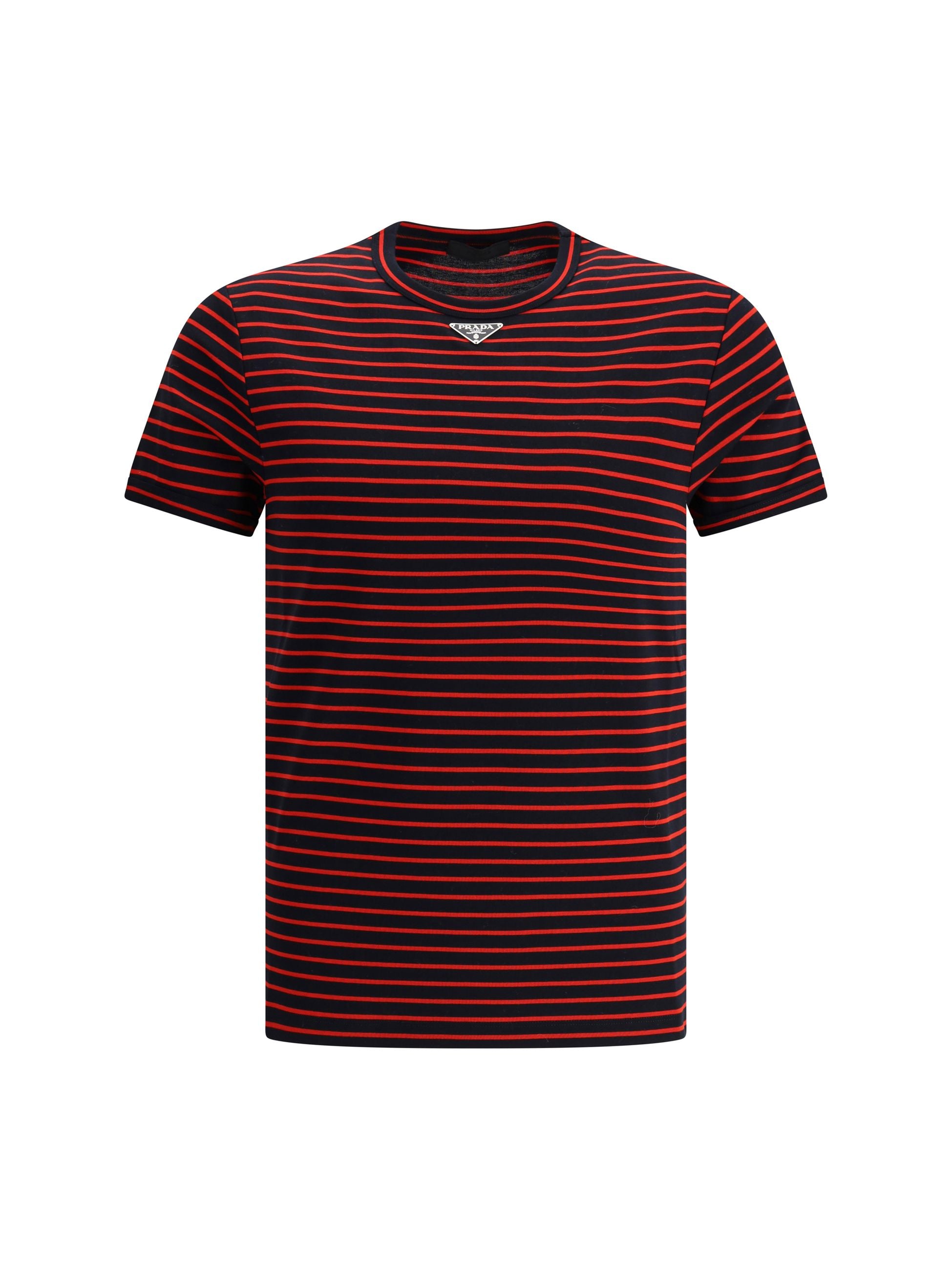 T-Shirt Nera e Rossa a Strisce con Placchetta Prada