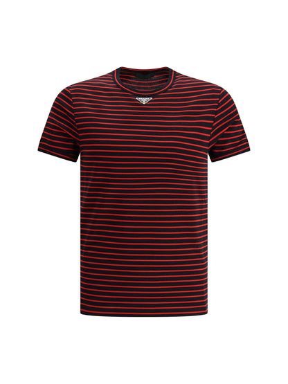 T-Shirt Nera e Rossa a Strisce con Placchetta Prada