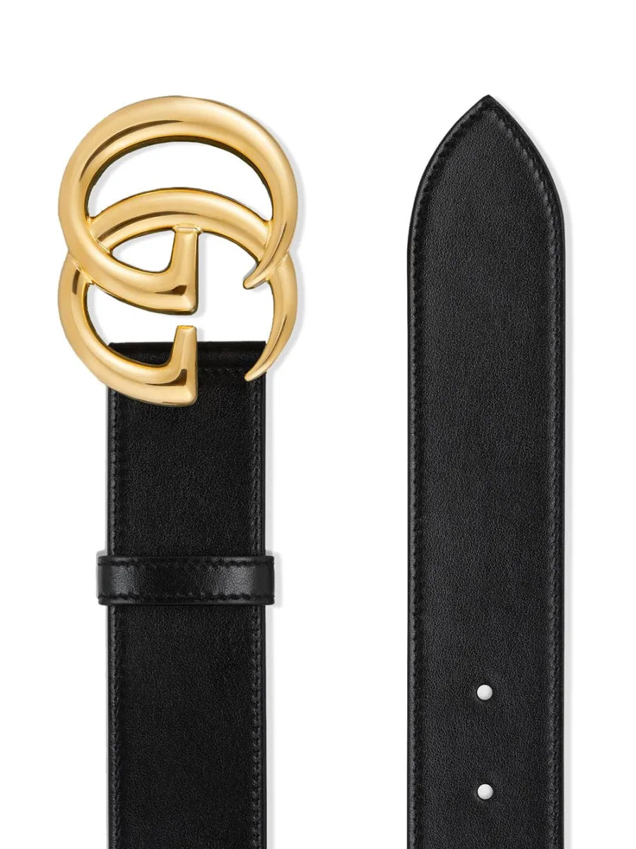 Cintura in Pelle Nera Logo GG Oro Gucci
