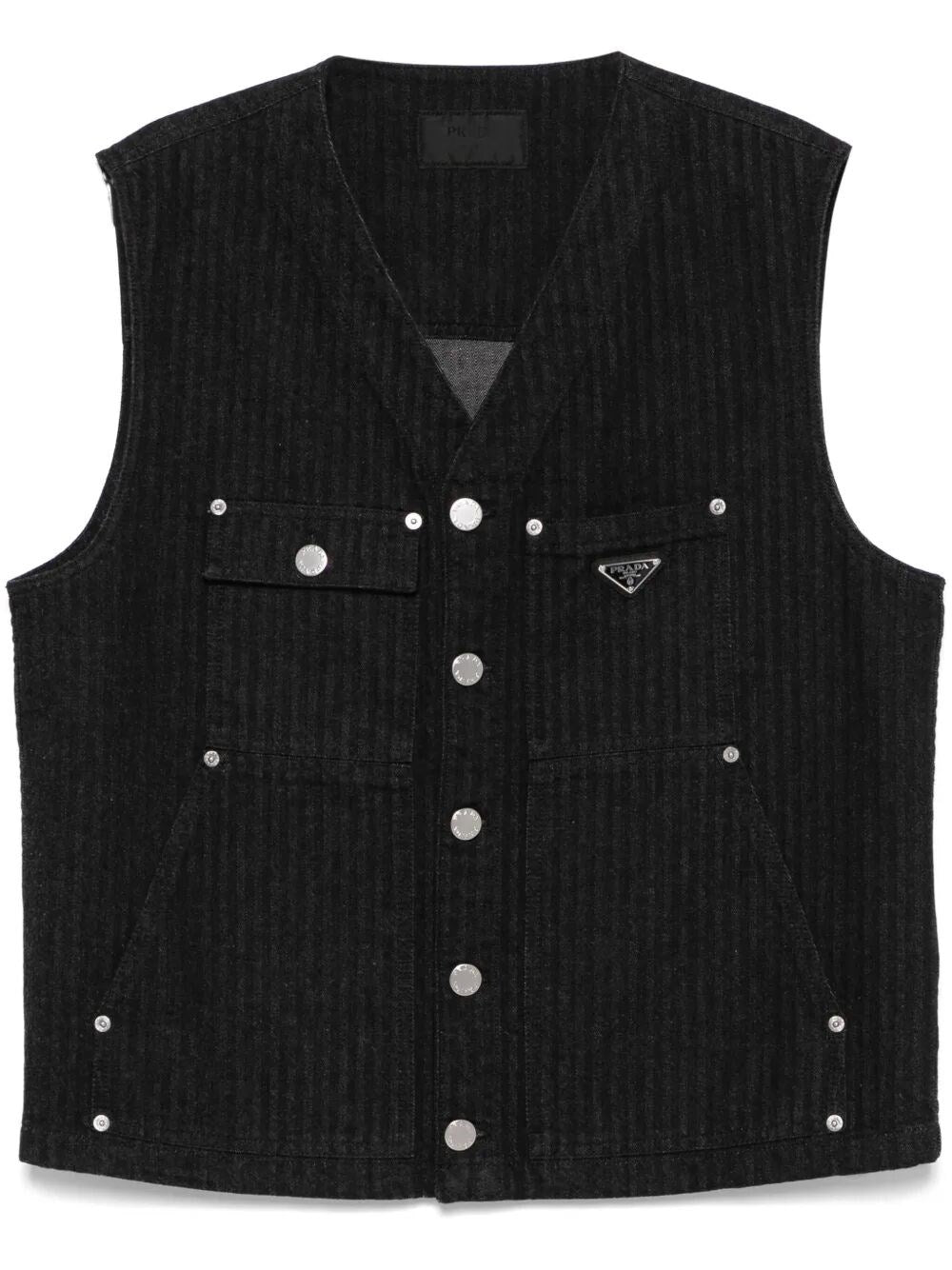 Gilet in Denim Righe e Placchetta Prada