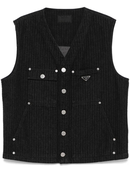 Gilet in Denim Righe e Placchetta Prada