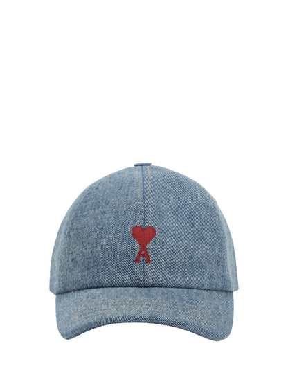 Cappello con Visiera in Denim e Logo Ami Paris