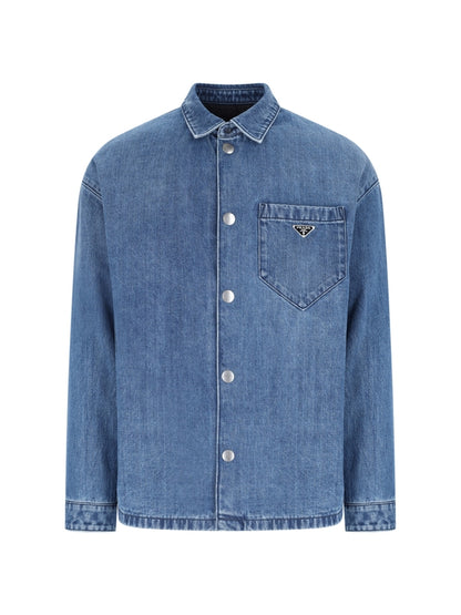 Camicia Imbottita in Denim Logo Placchetta Prada