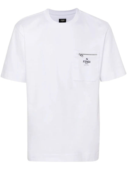 T-Shirt Bianca con Zip e Taschino Logo Fendi