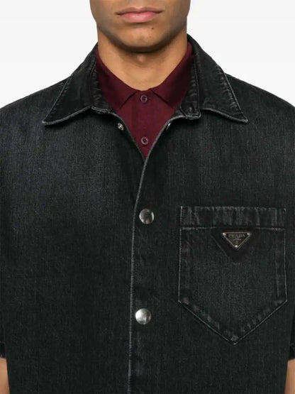 Camicia in Denim Nero con Placchetta Prada