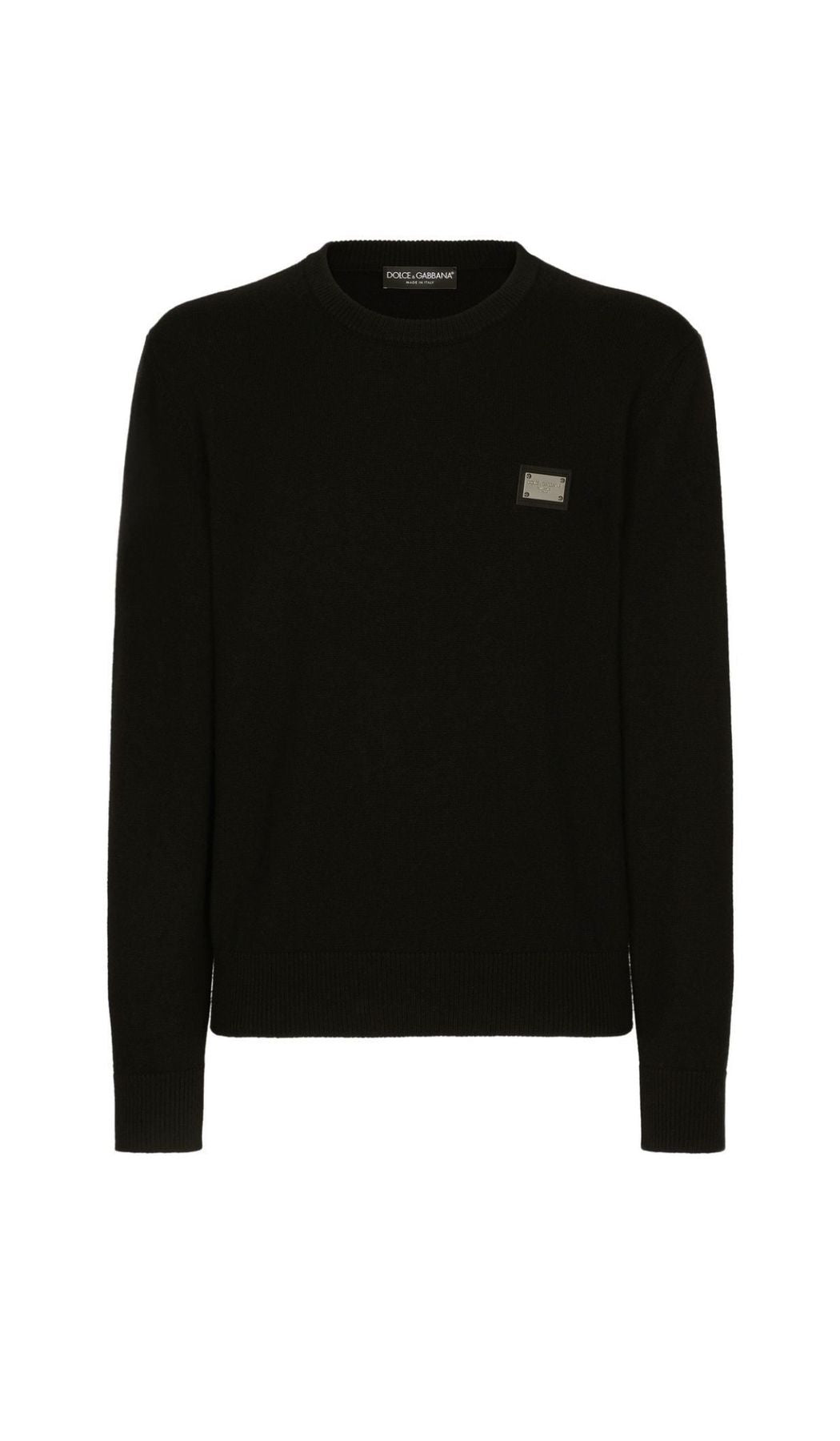MAGLIA NERA IN LANA GIRO COLLO CON PLACCHETTA IN METALLO LOGO DOLCE E GABBANA